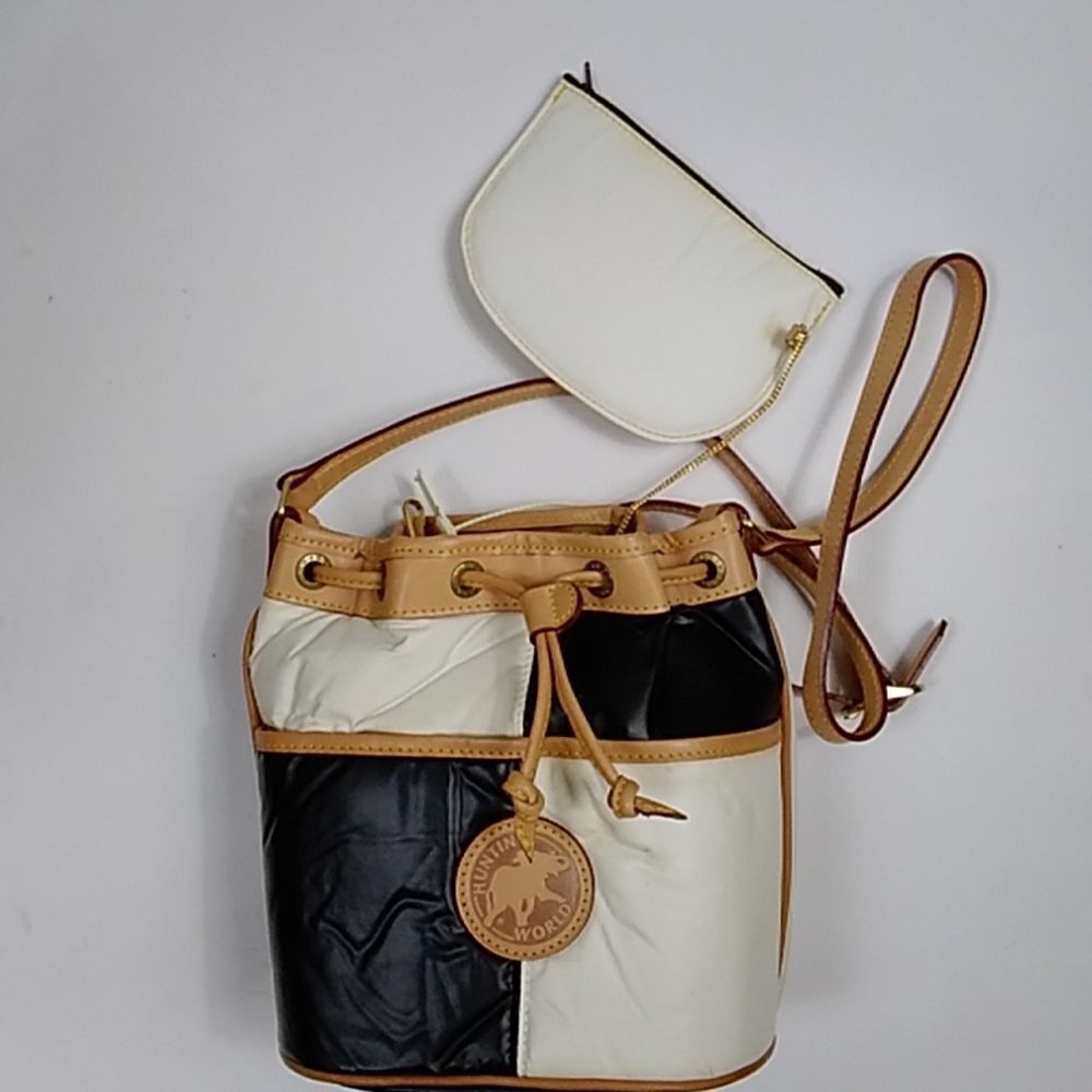 Vintage Authentic Hunting World Nylon W/ Leather Crossbody Bag Black White Tan